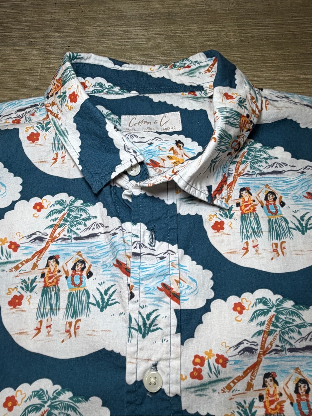 Cotton On Mens Blue and White Hawaiian Print Short-Sleeve Button Down Shirt